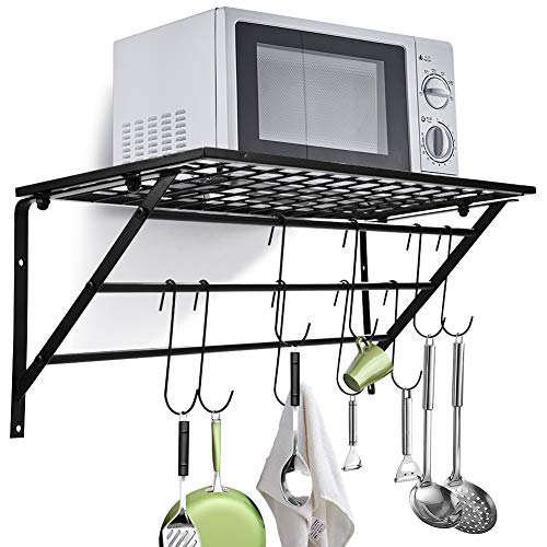 Küchenregal Hängend Küchenablage Pfannenhalter Wand Organizer von Kochutensilien Gewürzregal mit 10 Abnehmbaren Haken, 62 * 25 * 25.5 cm Wandhalterungen für Flure,Küchen,Badezimmer usw von Ejoyous