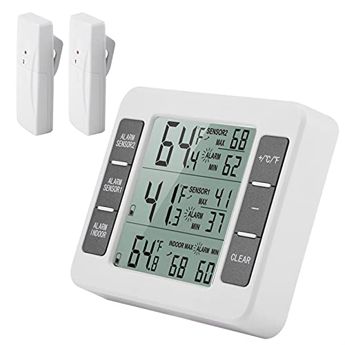 Kühlschrank Thermometer, Außen Thermometer Gefrierschrank Thermometer Kühlschrankthermometer mit 2 Kabellosen Sensoren mit Akustischem Alarm für den Innen- und Außenbereich LCD-Display von Ejoyous