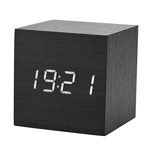 LED Digitaler Wecker, Cube Würfel Uhr Moderne Holz Tischuhr mit Alarme Sprachsteuerungsmodus und Immer Heller Modus, für Nachttisch Schlafzimmer Nacht Büro 6 x 6(Schwarzes Holz + weißes Licht) von Ejoyous