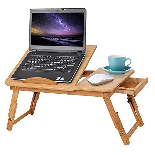 Laptoptisch als Tabletttisch fürs Bett oder Sofa aus Holz, Höhenverstellbarer Laptoptisch mit Schublade, Betttisch für Lesen oder Frühstücks und Zeichentisch, Tablet-Halterung faltbar von Ejoyous