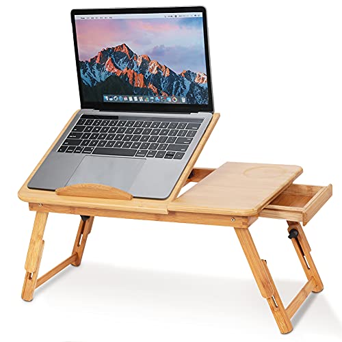 Laptoptisch aus 100% Bambus, Notebooktisch klappbarer, Höhenverstellbarer Laptoptisch mit Schublade und Lüftungslöchern, Laptop-Schreibtisch mit Nut für den Wasserbecher, für Zeichen Lesen Büro von Ejoyous