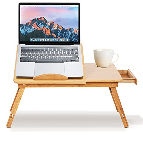 Laptoptisch für Bett, Verstellbar Frühstückstablett Betttisch aus Bambus Klappbar Betttablett Laptopständer mit Schublade Höhenverstellbar Notebooktisch Klein Lesetisch, für Frühstücks Sofa von Ejoyous