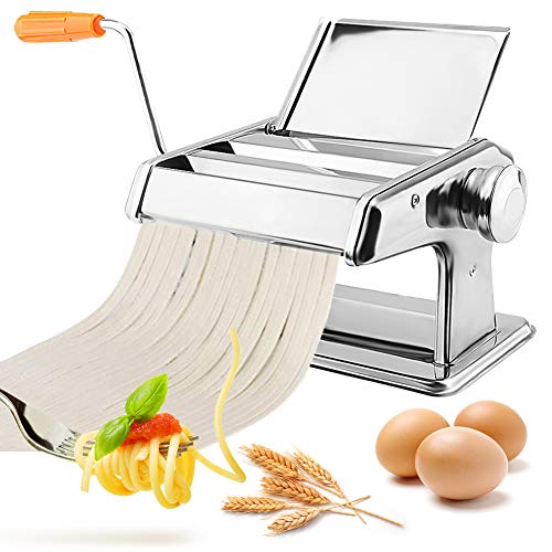 Nudelmaschine Manuelle, Edelstahl Nudelmaschine Pasta Maker Frische Manuell Pasta Walze Maschine Cutter mit 2 Schneiden für Spaghetti, Fettuccine und Lasagne 0,5-3 mm von Ejoyous