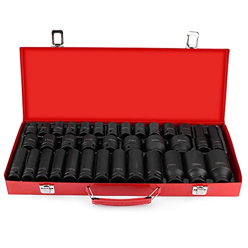 Schlagschrauber Nüsse Set 1/2 zoll 35-teiliges, Kraft Steckschlüssel Einsatz Satz Innensechskant Steckschlüsselsatz Impact Socket Set 10-32mm Sechskant Nüsse Mit Werkzeugkasten von Ejoyous