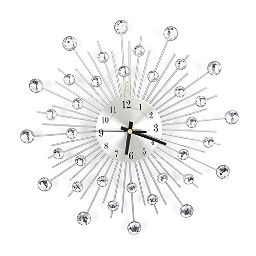 Wanduhr Silber Modern, Küchenuhren Groß Wanduhr Mode rund Design Silber Diamant Uhr Metall Kunst Zifferblatt 3D Kristall Mute Wanduhr Metall Nadel Wanddekoration Uhr von Ejoyous