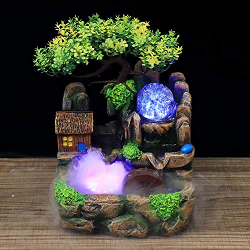 Zimmerbrunnen mit Pflanzen, Tischbrunnen Wasserfall mit Beleuchtung Farbwechsler, Garten Aquarium Harz Desktop Brunnen mit Nebel Steingarten Dekoration, für Indoor Outdoor Luftbefeuchter Geschenk von Ejoyous