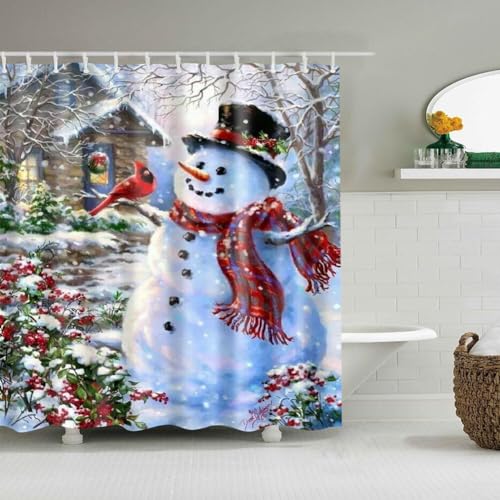 Ekakashop Weihnachten Duschvorhang, 180x200cm Schneemann Duschvorhänge Badezimmerdekoration Vorhang Polyester Stoff Waschbarer Badevorhang Wasserdichter Badewannenvorhang mit 12 Haken von Ekakashop