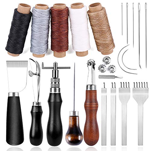 Leder Nähen Werkzeuge Set, Leder DIY Set mit 5 Farben Wachsfaden, Nähnadeln, Locher Meißel, Schneidmesser, Groover und Andere Werkzeuge zum Nähen und Schneiden von Ekalee