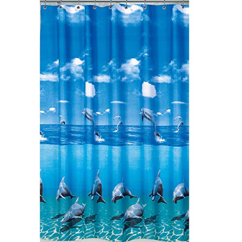 Anti Schimmel & Bakteriell EDLER Textil Duschvorhang 120 x 200 cm Delfin "Delphin im Meer" Blau Weiss inkl. Ringe von Ekershop
