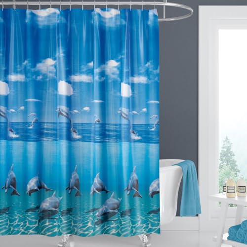 EDLER Textil Duschvorhang 120 x 200 cm Delfin "Delphin im Meer" Blau Weiss inkl. Ringe von Ekershop
