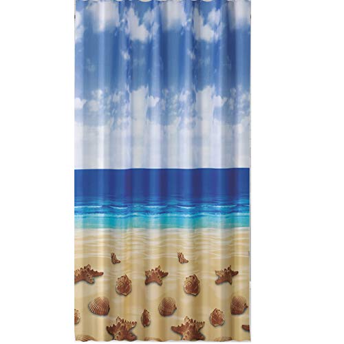 EDLER Textil Duschvorhang 120 x 200 cm "Seesterne & Muscheln am Strand" Blau Weiss Braun inkl. Ringe von Ekershop