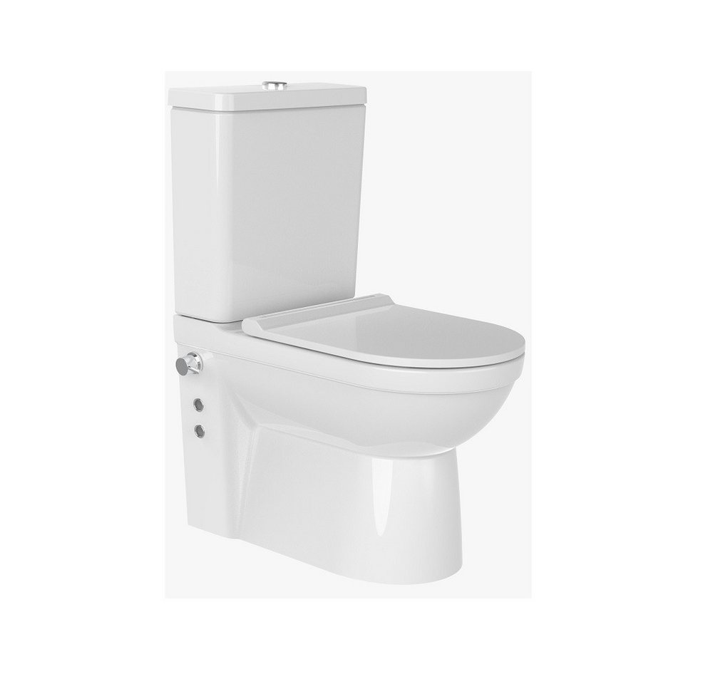 Ekershop Dusch-WC ORION Stand Kombi Taharet Dusch WC integr. Kalt Armatur, Bodenstehend, Keramik Spülkasten, Abgang Waagerecht, Nano-Versiegelung Antibakteriell, Anti-Kalk, Randlos Taharet Kombistand WC, WC-Sitz mit Absenkautomatik und Geberit Spülkasteneinsatz von Ekershop