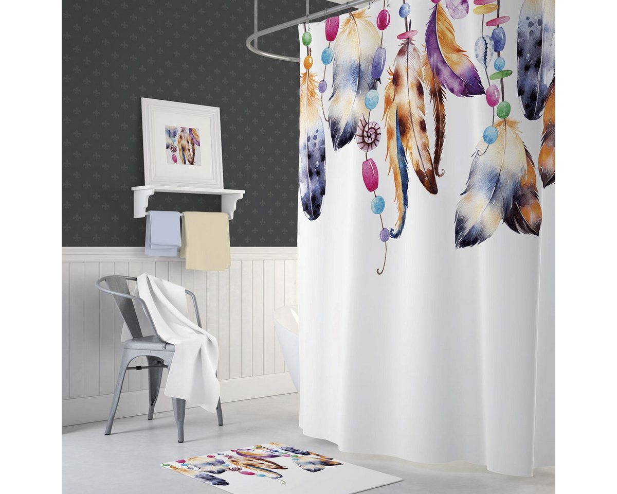 Ekershop Duschvorhang Textil Digitaldruck BUNTE FEDERN für Duschstange Breite 120 cm (inkl. Ringe), Höhe 200 cm, wasserabweisend, waschbar, bügelbar von Ekershop