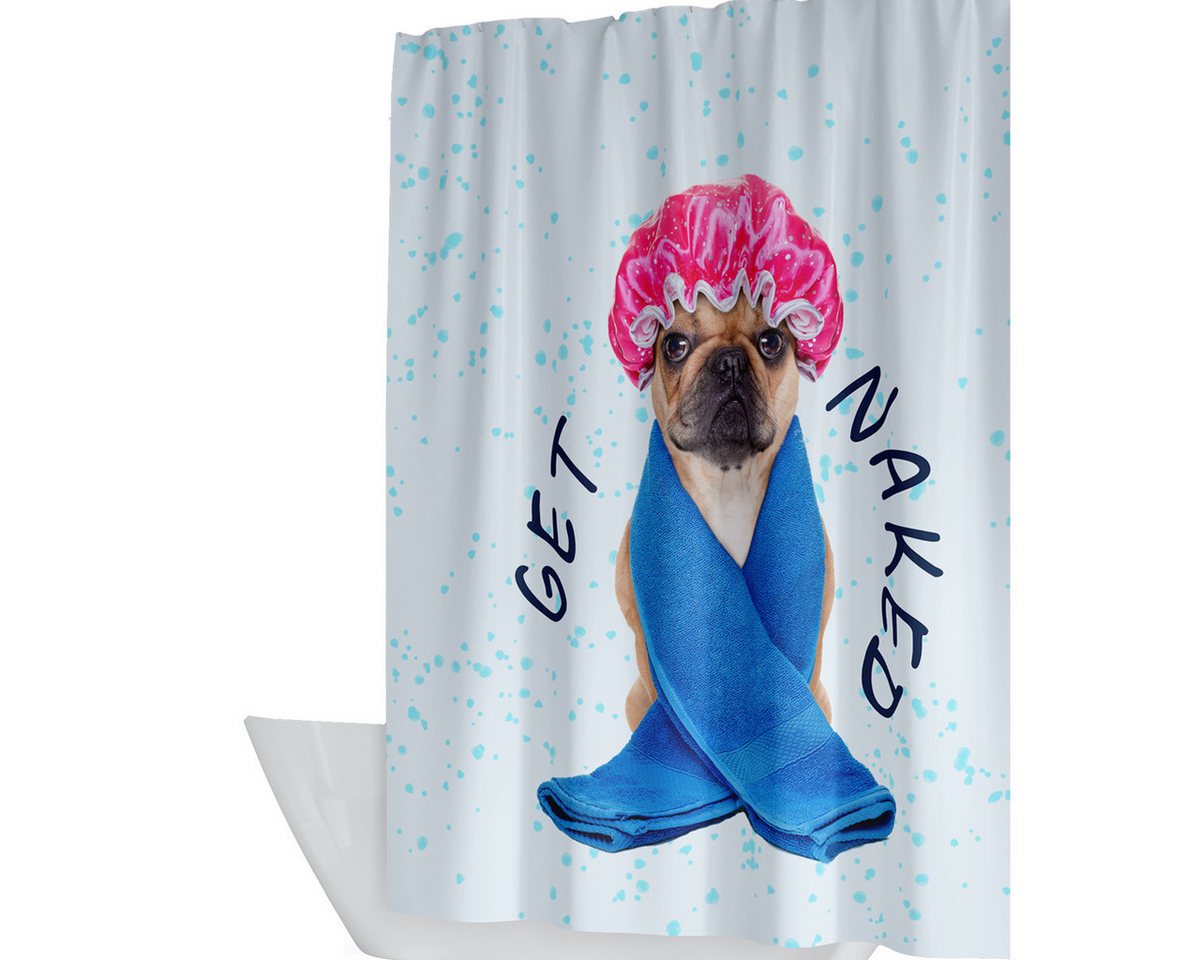 Ekershop Duschvorhang Textil Digitaldruck GET NAKED HUND BADEN für Duschstange Breite 120 cm (inkl. Ringe), Höhe 200 cm, wasserabweisend, waschbar, bügelbar von Ekershop