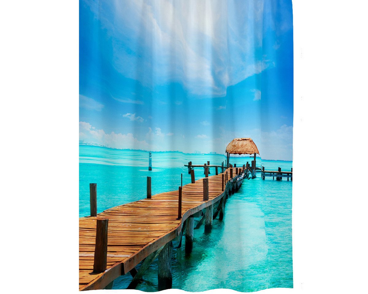 Ekershop Duschvorhang Textil Digitaldruck MALEDIVEN PIER für Duschstange Breite 120 cm (inkl. Ringe), Höhe 200 cm, wasserabweisend, waschbar, bügelbar von Ekershop