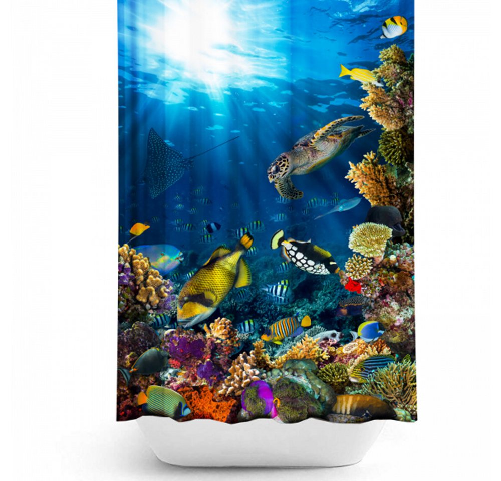 Ekershop Duschvorhang Textil Digitaldruck SEA LIFE AQUARIUM für Duschstange Breite 120 cm (inkl. Ringe), Höhe 200 cm, wasserabweisend, waschbar, bügelbar von Ekershop