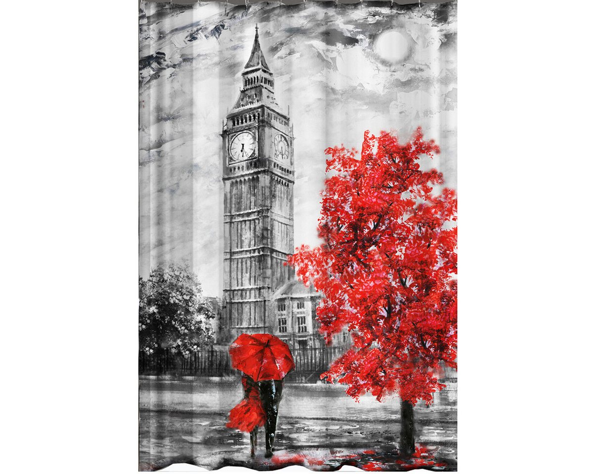 Ekershop Duschvorhang Textil Digitaldruck LONDON BIG BEN Rot Schwarz für Duschstange Breite 120 cm (Inkl. Ringe), Höhe 200 cm, wasserabweisend, waschbar, bügelbar von Ekershop