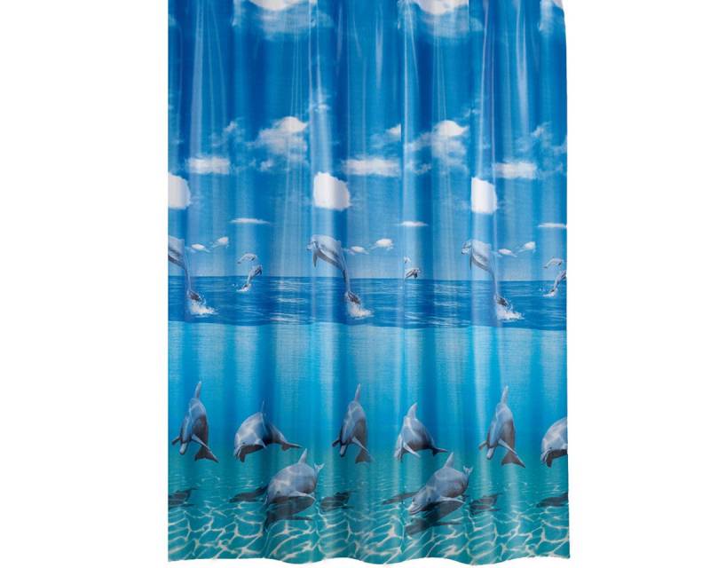 Ekershop Duschvorhang Textil Delfin Blau " Delphin im Meer " für Duschstange Breite 120 cm (inkl. Ringe), Höhe 200 cm, wasserabweisend, waschbar, bügelbar von Ekershop