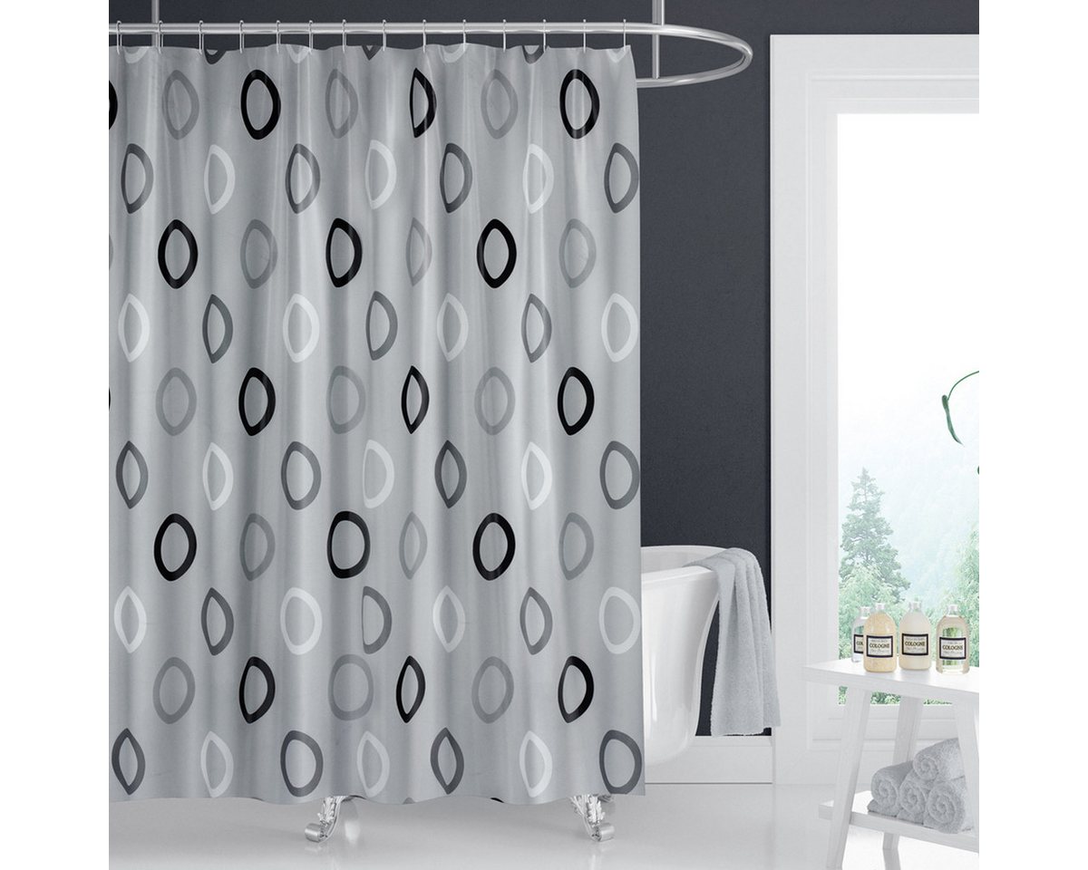 Ekershop Duschvorhang Textil Grau mit Weiß Schwarz Kreisen für Duschstange Breite 120 cm (inkl. Ringe), Höhe 200 cm, wasserabweisend, waschbar, bügelbar von Ekershop