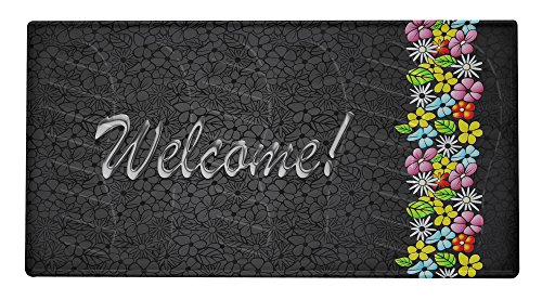 Ekershop Schuhablage Fußmatte (Schwarz mit Blumen Welcome 02) Schuhabtropfschale 39x69 cm SHOE STATION Türmatte von Ekershop
