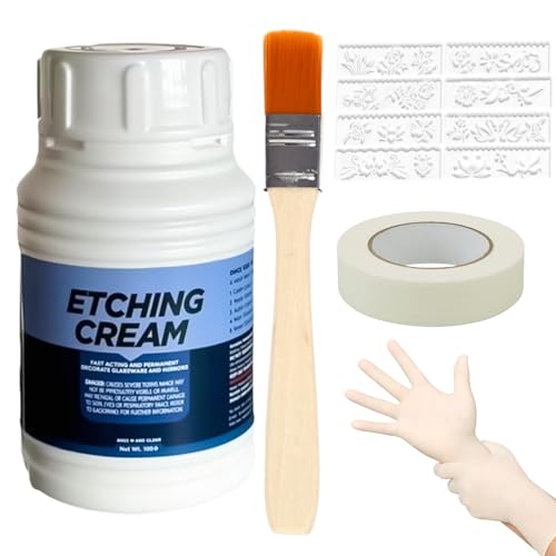 Ätzpaste für Glas,Glas Ätzpaste Mit Handschuhen + Pinsel + Klebeband + Schablone,Ätzpaste für Glas Farbig,Glasätzpaste für Gläser & Basteln(80g) von Ekukeon