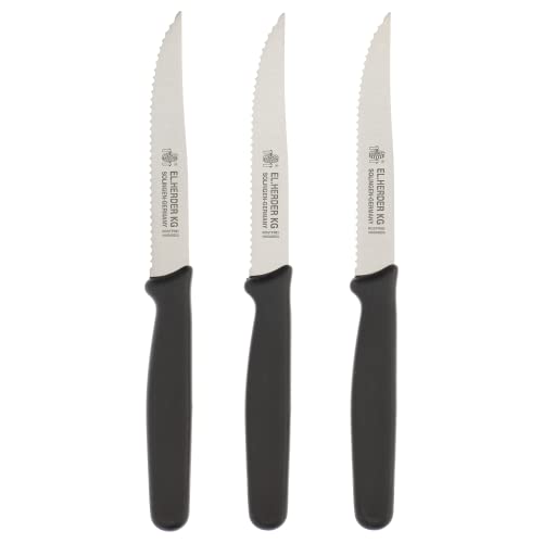 El Herder Steakmesser Set – 3-teilig – Extra scharfe Wellenschliff-Klingen – Solingenstahl – Rostfrei – Nylongriff – Spülmaschinengeeignet – Für Fleisch, Pizza & Brot von El Herder