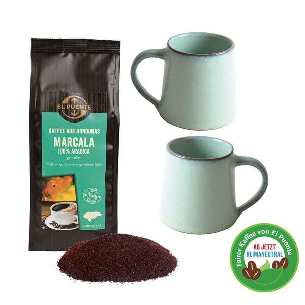 El Puente "Have a cup of coffee with me" Geschenk-Set mit Fair Trade Bio-Kaffeebohnen und Handmade Keramik Bechern von El Puente