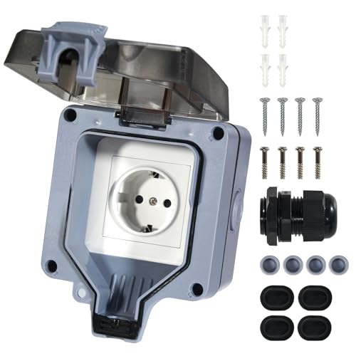 Aufputzsteckdose IP66 Außen Wasserdicht 16A Feuchtraum Steckdose mit Klappdeckel Outdoor Stromverteiler Gartensteckdose Starkstrom Wandmontage Elektroinstallation von Elalove