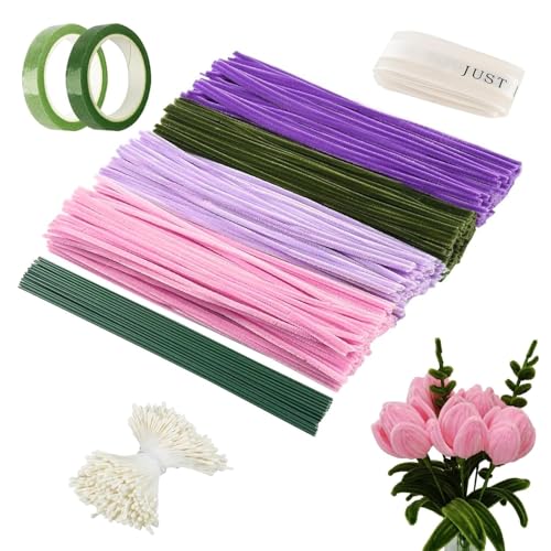 Pfeifenreiniger Blumen Bastelset, Pfeifenputzer zum Basteln 4 Farben Pipe Cleaner mit 20 Stück Grünem Bastelfaden, Geschenkband, Klebeband, DIY-Projekte wie Trockenblumen(Lila) von Elalove