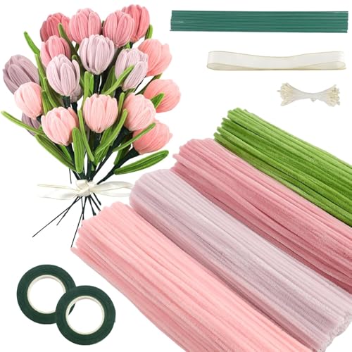Pfeifenreiniger Blumen Set, 400 Stück Pfeifenputzer zum Basteln, Geschenkband und Klebeband – Ideal für DIY-Projekte wie Trockenblumen, Diamond Painting und Blumendeko(Rosa) von Elalove