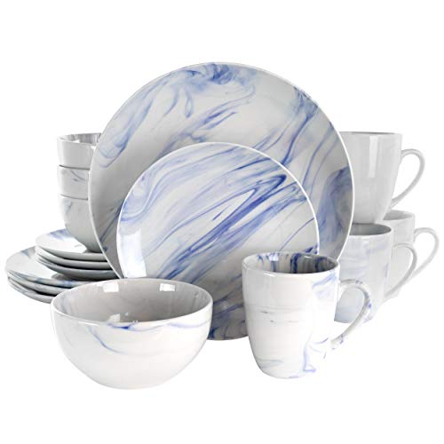 Elama Fine Marble Round Gloss Geschirr-Set, Steinzeug, Blau und Weiß Marmor von Elama