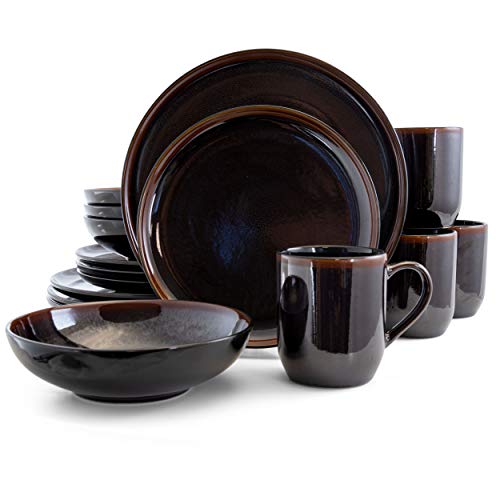 Elama Geschirr-Set aus rundem Steingut, dunkles modernes Geschirr, 16-teilig, Metallic-Schwarz mit braunen Akzenten von Elama