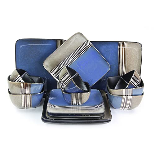 Elama Quadratisches Geschirr-Set aus Steingut, 16-teilig, Blau und Hellbraun mit weißen Akzenten Elama Quadratisches Geschirr-Set aus Steingut, 16-teilig, Blau und Hellbraun mit weißen Akzenten von Elama
