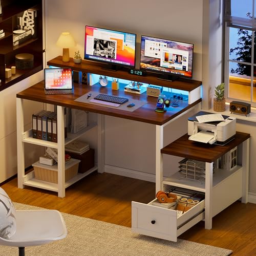 Computertisch mit langem Monitorständer, ergonomische Bürotische mit Schublade und Steckdosen, Holz-Computertisch mit Druckerplatz, Heimbüro-Schreibtisch mit LED-Streifen für die Arbeit, 155,5 x 55 cm Computertisch mit langem Monitorständer, ergonomische Bürotische mit Schublade und Steckdosen, Holz-Computertisch mit Druckerplatz, Heimbüro-Schreibtisch mit LED-Streifen für die Arbeit, 155,5 x 55 cm von Elancee