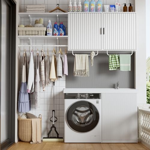 Hängeschrank mit 2 Kleiderstangen, 166 cm breiter Wäscheschrank mit 2 Türen, offenem Regal und verstellbarem Innenregal, Wandmontierter Aufbewahrungsschrank für Waschküche und Badezimmer, Weiß von Elancee