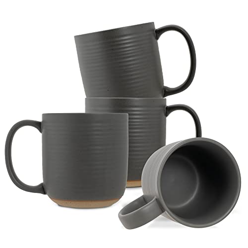 Elanze Designs Gerippte Kaffeetassen aus Steingut, 370 ml, rauer Tonboden, Grau, 4 Stück von Elanze Designs