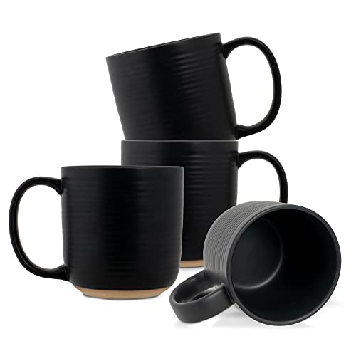 Elanze Designs Gerippte Keramik-Kaffeebecher aus Steingut, 370 ml, Roher Tonboden, Schwarz, 4 Stück von Elanze Designs