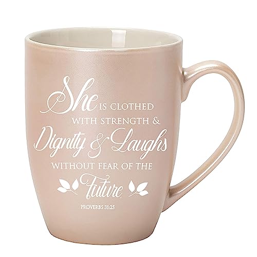 Elanze Designs Kaffeetasse aus Knochenporzellan mit Aufschrift "Clothed With Strength Dignity Sprichwörter 31", Weiß und kostbare Perlen, 284 ml von Elanze Designs