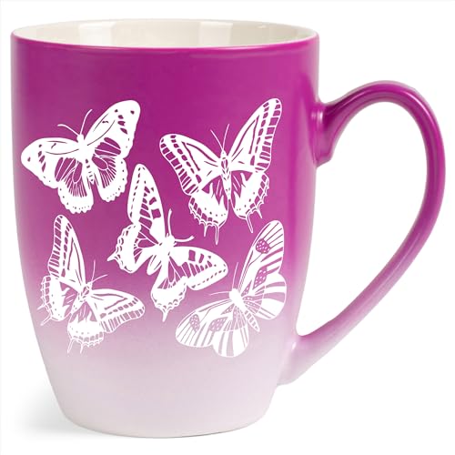 Elanze Designs Kaffeetasse aus Steingut, Keramik, Motiv Schmetterlinge, zweifarbig, matt, Rosa und Weiß, 340 ml von Elanze Designs