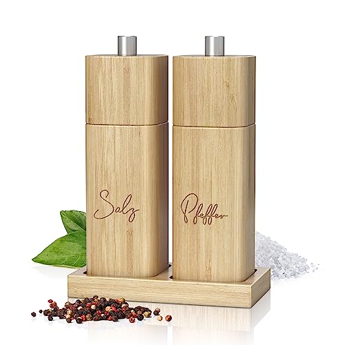 ELBFUCHS® Salz und Pfeffermühle Holz Groß [NEU] Zeitloses 2-er Set Pfeffer und Salzmühle mit Keramikmahlwerk | Gewürzmühle mit Untersetzer von ElbFuchs