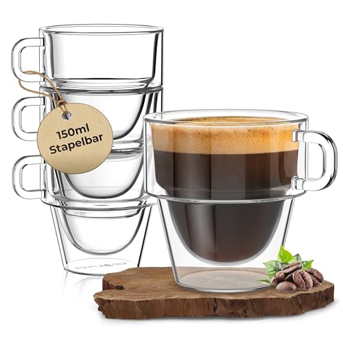 ElbFuchs® Espressotassen Set [4x 150ml] STAPELBARES PLATZWUNDER | Espresso Gläser doppelwandig mit Henkel | Thermogläser doppelwandig | Ideal als Espressokaffeegläser | Mokkatassen von ElbFuchs