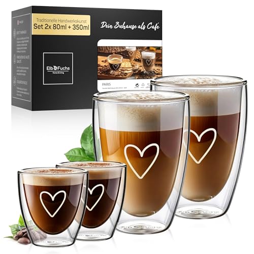 ElbFuchs® Doppelwandige Latte Macchiato Gläser + Espressogläser Kombi Set [2x 80ml + 2x 350ml] Kristallklare Thermogläser doppelwandig | Espressotassen und Cappuccinotassen von ElbFuchs