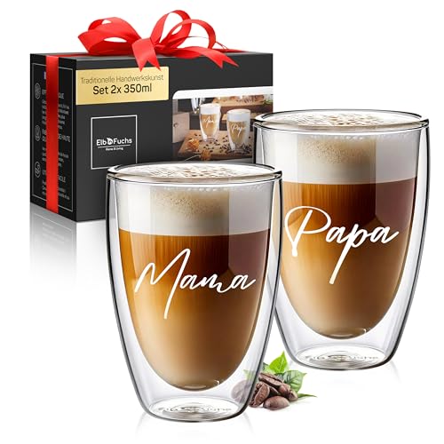ElbFuchs® Doppelwandige Latte Macchiato Gläser | MAMA + PAPA | 2x 350ml [GESCHENK FÜR ELTERN] Thermogläser für Cappuccino | Kaffegläser | Teegläser von ElbFuchs