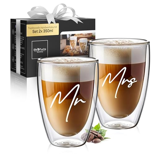 ElbFuchs® Doppelwandige Latte Macchiato Gläser | MR & MRS | 2x 350ml [IDEAL ALS HOCHZEITSGESCHENK] Thermogläser für Cappuccino | Kaffegläser | Teegläser von ElbFuchs