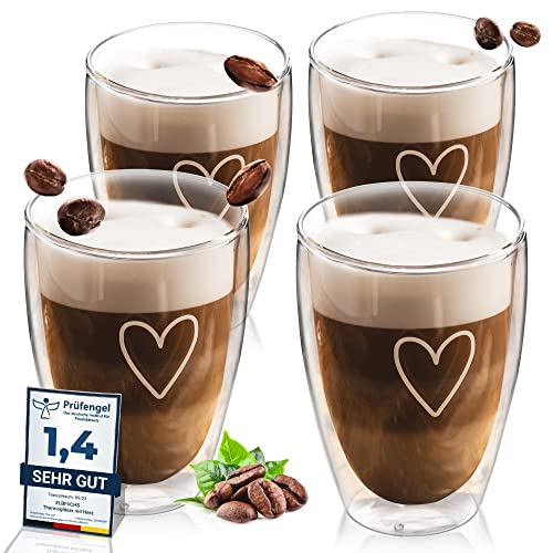 ElbFuchs® Doppelwandige Latte Macchiato Gläser Set (4x 350ml) Kristallklare Thermogläser doppelwandig | Ideal als Cappuccino Gläser | Kaffeegläser | Teegläser von ElbFuchs