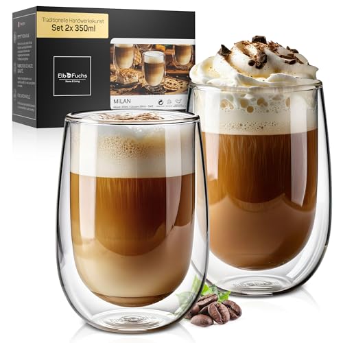 ElbFuchs® Doppelwandige Latte Macchiato Gläser Set [2x 350ml in GASTRO-QUALITÄT] Kristallklare Thermogläser doppelwandig | Ideal als Cappuccino Gläser | Kaffeegläser | Teegläser von ElbFuchs
