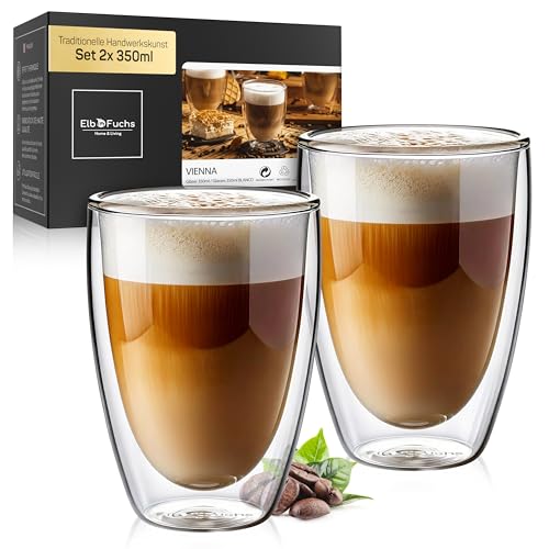 ElbFuchs® Doppelwandige Latte Macchiato Gläser Set [2x 350ml] Kristallklare Thermogläser doppelwandig | Ideal als Cappuccino Gläser | Kaffegläser | Teegläser von ElbFuchs