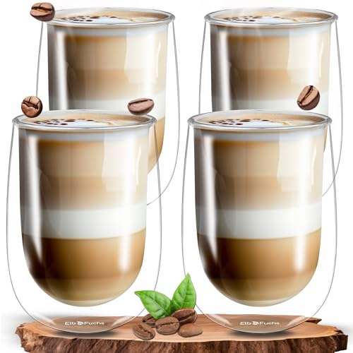 ElbFuchs® Doppelwandige Latte Macchiato Gläser Set [4x 350ml] Kristallklare Thermogläser doppelwandig | Ideal als Cappuccino Gläser | Kaffeegläser | Teegläser von ElbFuchs