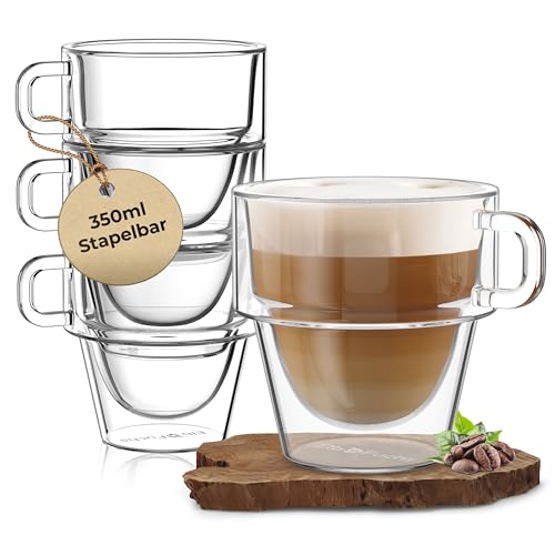 ElbFuchs® Doppelwandige Latte Macchiato Gläser Set [4x 350ml] STAPELBARE Thermogläser doppelwandig | Ideal als Cappuccino Tassen | Kaffeegläser | Teegläser von ElbFuchs