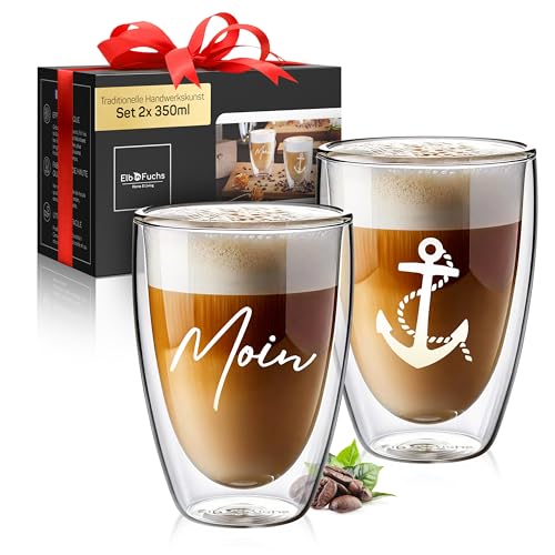ElbFuchs® Doppelwandige Latte Macchiato Gläser Set | MOIN + ANKER |2x 350ml [MARITIME GESCHENKIDEE] Ideal als Thermogläser für Cappuccino | Kaffegläser | Teegläser von ElbFuchs
